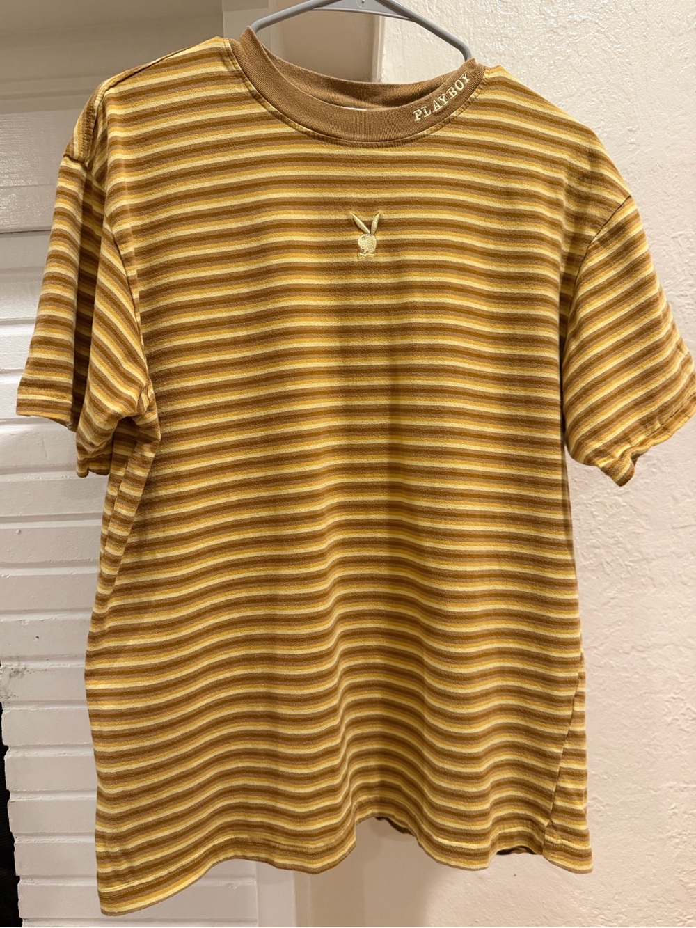 PLAYBOY Striped Mustard and Tan Short Sleeve Tee 100% Cotton Size Medium
